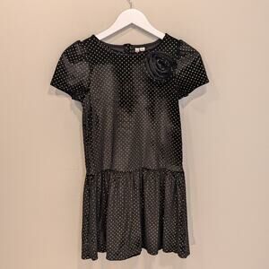 Janie And Jack Girls Black And Gold Polka-Dot Velvet Dress With Flower - Size 10